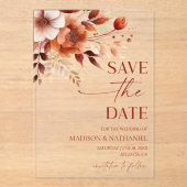 Rusty Burgundy Brown Floral Wedding Save The Date アクリル招待状 (正面)