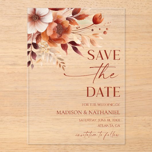 Rusty Burgundy Brown Floral Wedding Save The Date アクリル招待状 (正面)
