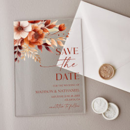 Rusty Burgundy Brown Floral Wedding Save The Date アクリル招待状