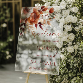 Rusty Burgundy Brown Floral Wedding Welcome アクリルサイン
