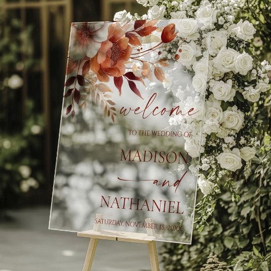 Rusty Burgundy Brown Floral Wedding Welcome アクリルサイン