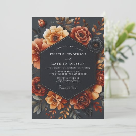 Rusty Orange Bloom Romance Wedding 招待状 (スタンド正面)