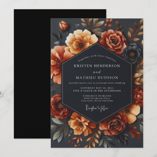 Rusty Orange Bloom Romance Wedding 招待状 (正面/裏面)
