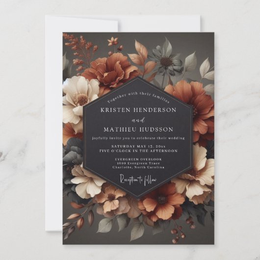 Rusty Orange Floral Harvest Wedding 招待状 (正面)