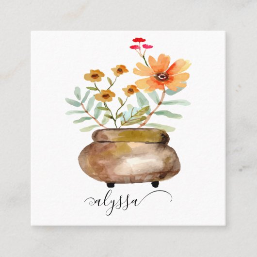 Rusty Pink Rose Flowers Trendy Script Name スクエア名刺 (正面)