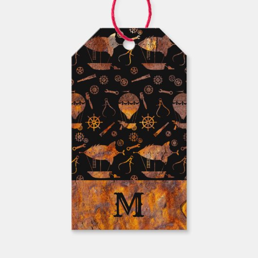 Rusty Steampunk飛カラフル行船モノグラム ギフトタグ (正面)