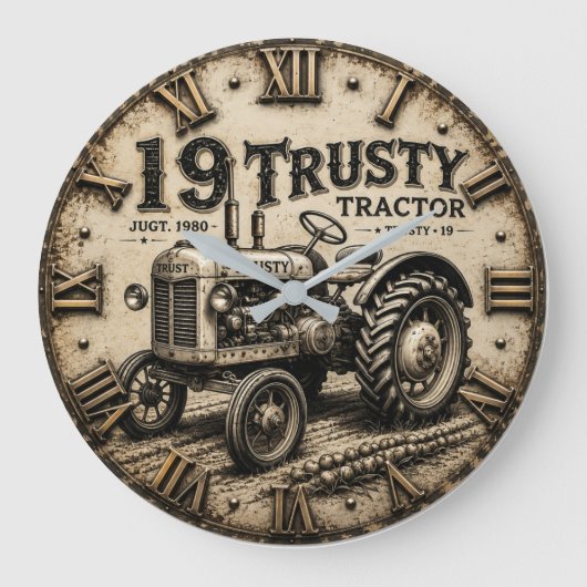 Rusty Tractor Vintage Farm ラージ壁時計 (正面)