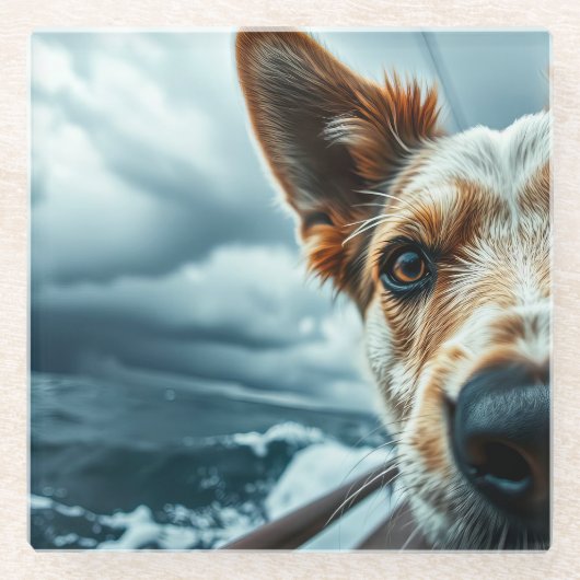 RVのベッドにいる犬 ガラスコースター (正面)