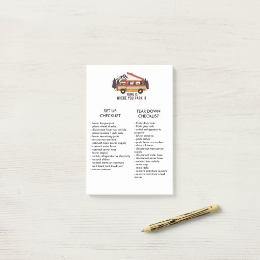 RVトレーラー編集可能なセットアップとティアダウンチェックリスト ポストイット (デスク上)