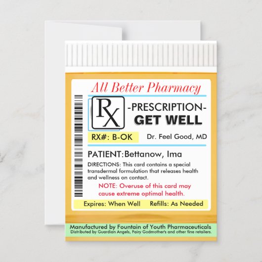RX Prescription for Health Get Well Card マグネット招待状 (正面)