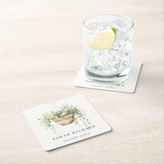 sつるフローラハウスプラントウォーターカラーボタニカル スクエアペーパーコースター (インサイチュ)