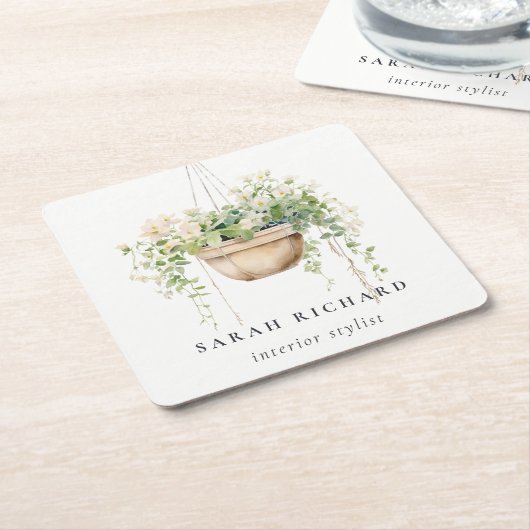 sつるフローラハウスプラントウォーターカラーボタニカル スクエアペーパーコースター (アングル)