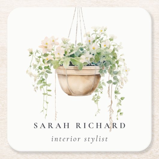 sつるフローラハウスプラントウォーターカラーボタニカル スクエアペーパーコースター (正面)