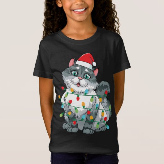 Sを着包まれたたラカラフルイトのクリスマス猫 Tシャツ (正面)