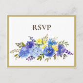 sカ結婚ロライナ青フローラブラウンRSVP インビテーションポストカード (正面)