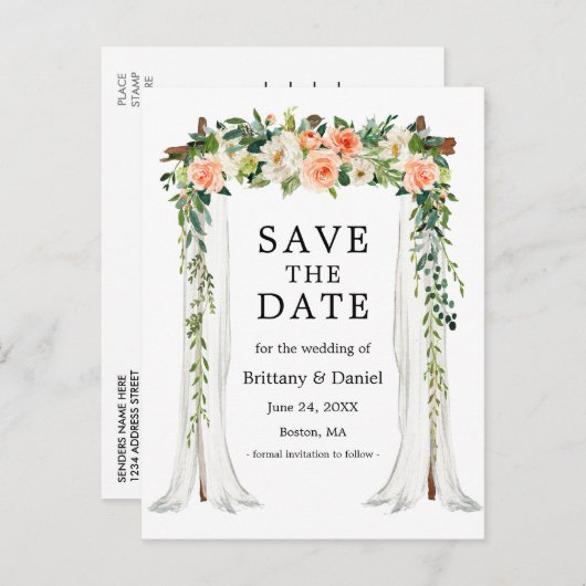 sキャノピ結婚アーチウォーターカラーコーラルホワイトフローラ 案内ポストカード (正面/裏面)