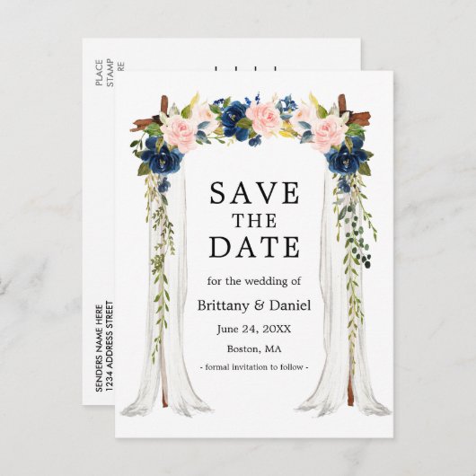 sキャノピ結婚アーチ水カラーピンクブルーフローラ 案内ポストカード (正面/裏面)