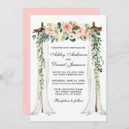 sキャノピ結婚アーチ水カラーピンク赤面フローラ 招待状 (正面/裏面)