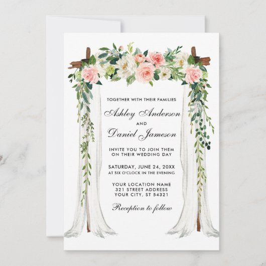 sキャノピ結婚アーチ水カラーフローラピンク赤面 招待状 (正面)