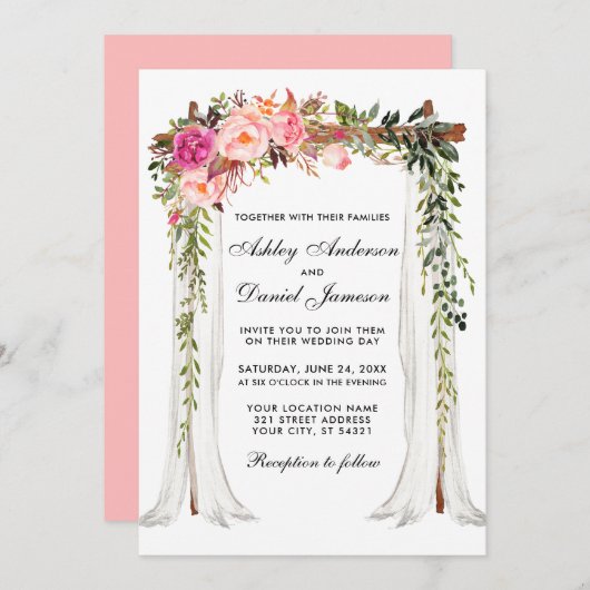 sキャノピ結婚ー水彩フローラピンク赤面 招待状 (正面/裏面)