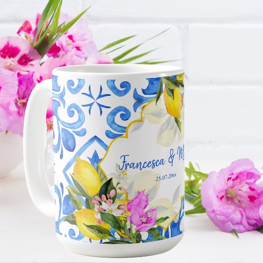 sギフト結婚ブルータイルレモンブーゲンビリアカスタム コーヒーマグカップ
