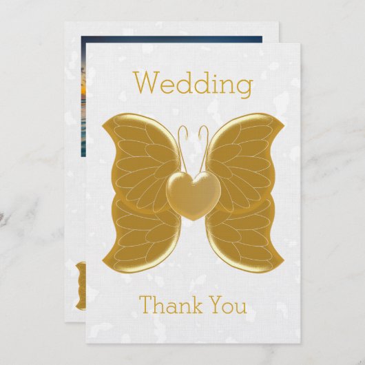 sサンキューカード結婚金ゴールドバタフライハートデザイン 招待状 (正面/裏面)