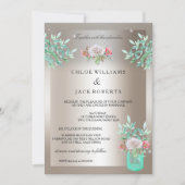 sセピア結婚ティール（緑がかった色）フローラメイスンジャールピンクローズ 招待状 (正面)