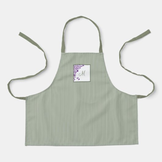 Sセージ緑ストライプ紫フローラスクリプトモノグラム エプロン (正面)