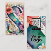 Sデイジーモノグラムのフローラ水彩QRコードロゴ 名刺 (正面/裏面)