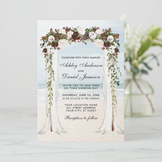 sビーチ結婚キャノピーウォーターカラーボホフローラ 招待状 (スタンド正面)