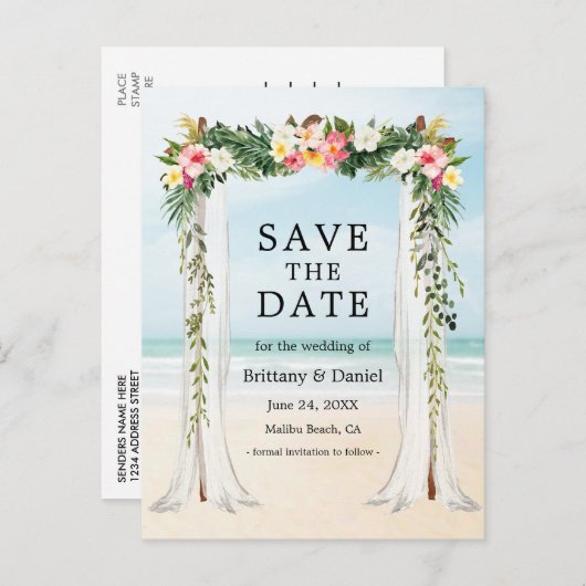 sビーチ結婚キャノピー水の色トロピカルフローラ 案内ポストカード (正面/裏面)