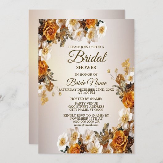 sブライダルシャワー結婚パーティーゴールデンホワイトフラワーズ 招待状 (正面/裏面)