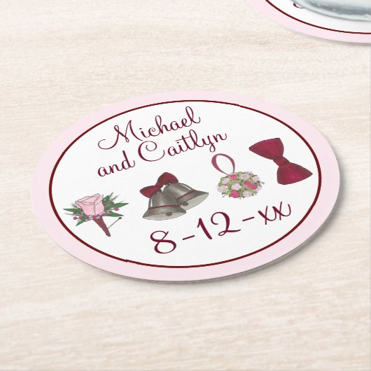 sベル結婚フラワーズボウタイブライダルローズブーケ ラウンドペーパーコースター (アングル)