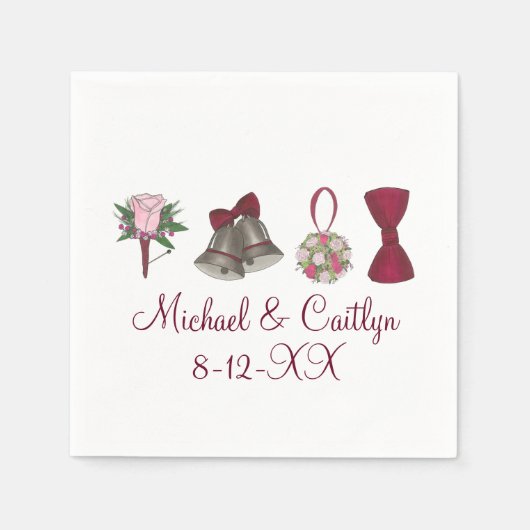 sベル結婚フラワーボウタイナプキンパーソナライズされたズ スタンダードカクテルナプキン (正面)