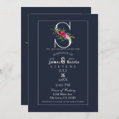 Sモノグラムラストイニシャルモダンブルーフローラ結婚ズ 招待状 (正面/裏面)