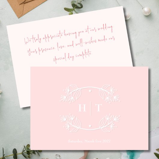 sモノグラム結婚クレストピンク赤面サンキューカード アドバイスカード