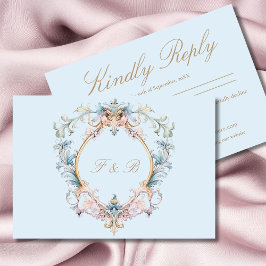 sリージェンシー結婚エラブルーモノグラムエレガントウェディング 出欠カード