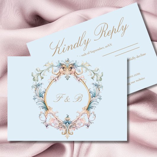 sリージェンシー結婚エラブルーモノグラムエレガントウェディング 出欠カード