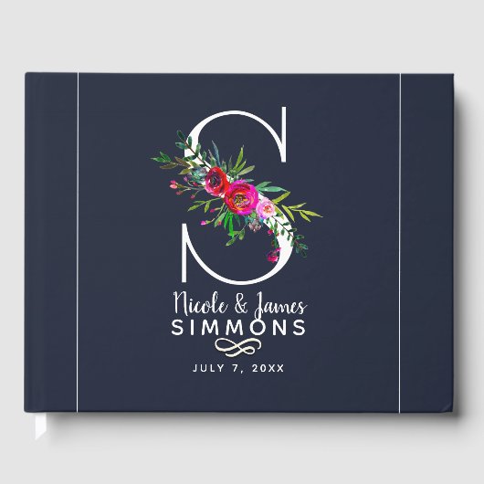 Sレターイニシャルモノグラムフローラ結婚名 ゲストブック (正面)
