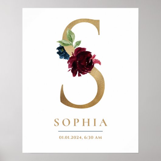 Sレターモノグラムネームマルサラフローラ子供部屋 ポスター (正面)