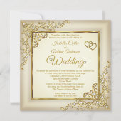 sヴィンテージ結婚クリームベージュ金ゴールドハートパール写真 招待状 (正面)