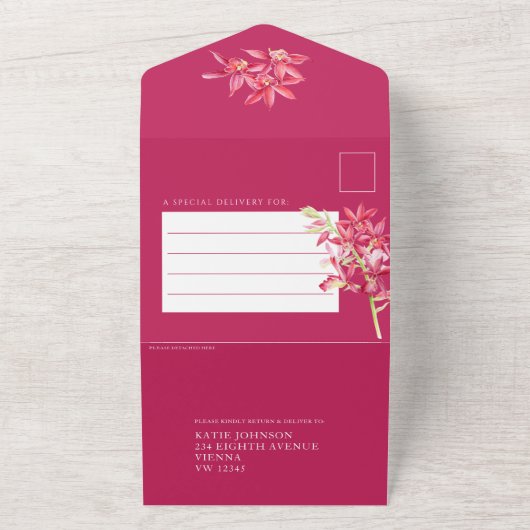 s玉結婚蘭の水の色の食事RSVP QR写真 オールインワン招待状 (外側)