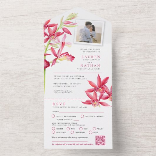 s玉結婚蘭の水の色の食事RSVP QR写真 オールインワン招待状 (内側)