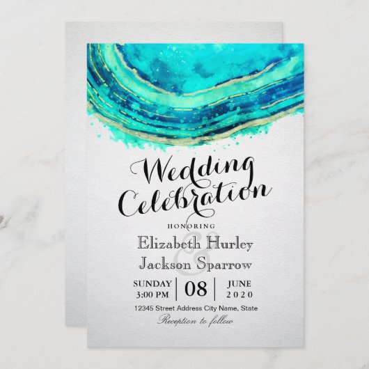 s結婚ウォーエレガントトカラーティール(緑がかった色)&金ゴールドゲートGeode 招待状 (正面/裏面)