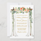 s結婚キャノピーアーチ水カラーコーラルフローラ金ゴールド 招待状 (正面)