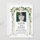 s結婚キャノピーアーチ水彩緑の白フローラ セーブザデート (正面)