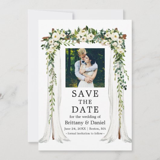 s結婚キャノピーアーチ水彩緑の白フローラ セーブザデート (正面)