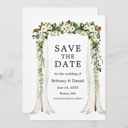 s結婚キャノピーアーチ水彩緑の白フローラ セーブザデート (正面/裏面)