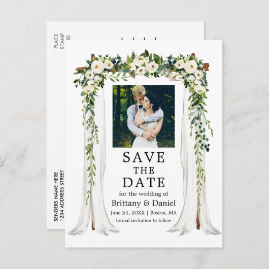 s結婚キャノピーアーチ水彩緑の白フローラ 案内ポストカード (正面/裏面)