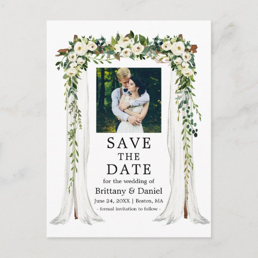 s結婚キャノピーアーチ水彩緑の白フローラ 案内ポストカード (正面)